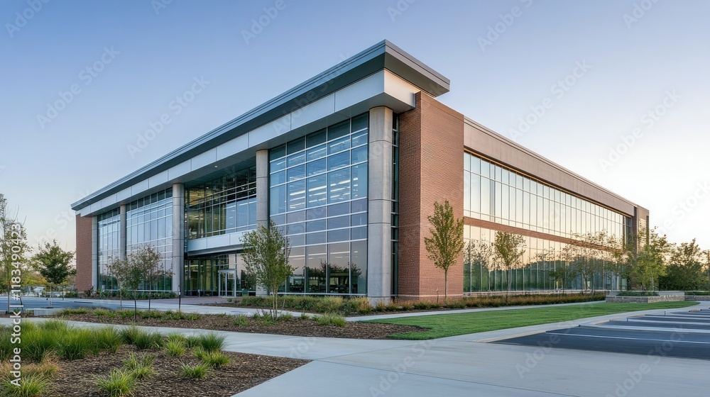 Perspective shot highlighting the architectural beauty of a contemporary office building against a clear sky. Perspective shot highlighting the architectural beauty of a contemporary office building against a clear sky.