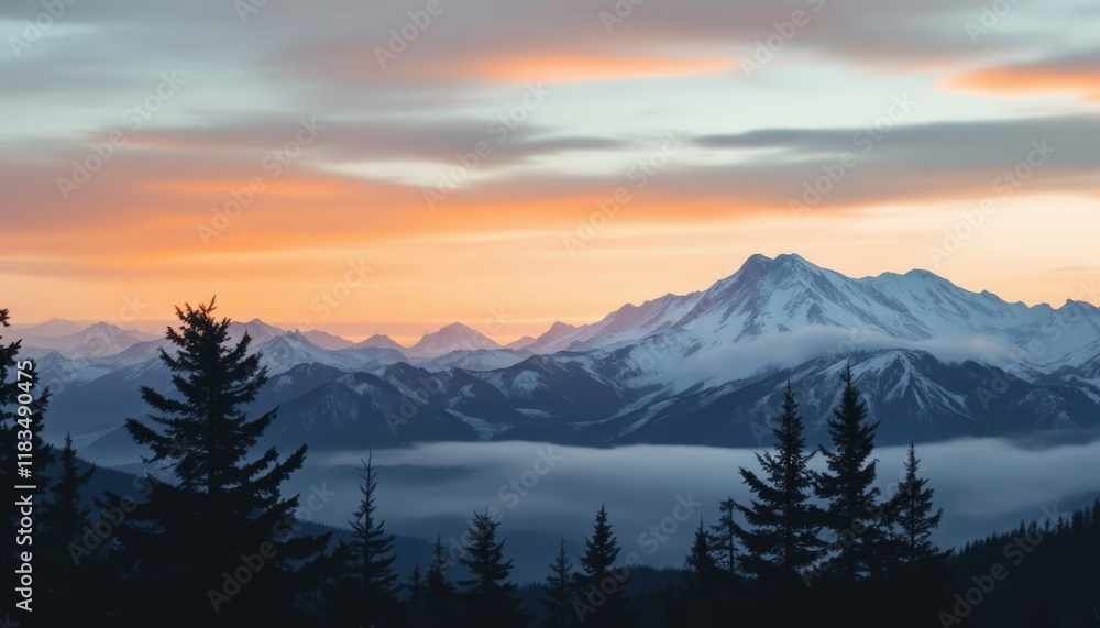 Obraz premium Majestic mountain range at sunset with snow-capped peaks and pine trees