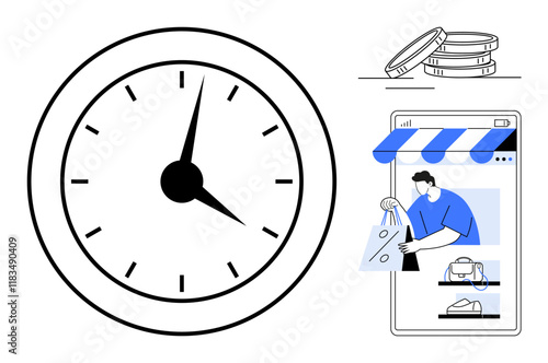 Clock highlighting time, smartphone showing a person shopping online, coins representing money. Ideal for e-commerce, time management, online shopping, digital marketing, financial planning, consumer