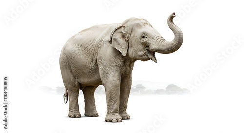 Majestic Asian Elephant Trunk Up Wildlife Animal Portrait Isolated on White Background