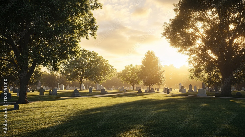 Obraz premium Serene Sunset at the Cemetery: A Peaceful Golden Hour