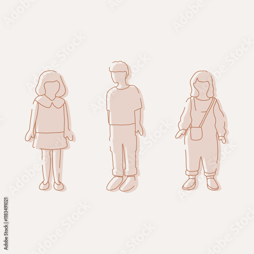 flat minimal children male and female vector illustration in spring summer clothing concept isolated set collection. Outline with silhouette shadow. For architecture, design, info graphic, media
