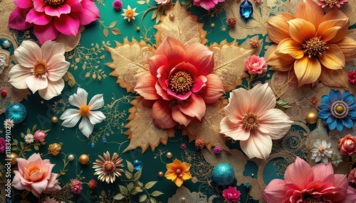 Wallpaper Mural Vibrant floral arrangement with intricate patterns on textured background Torontodigital.ca