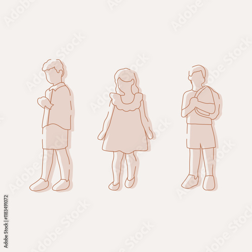 flat minimal children male and female vector illustration in spring summer clothing concept isolated set collection. Outline with silhouette shadow. For architecture, design, info graphic, media