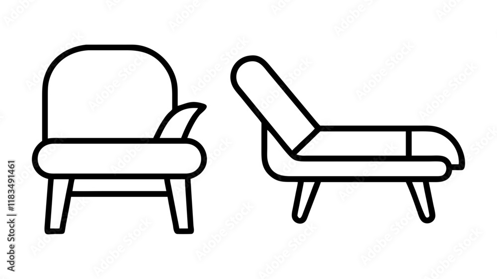 lounge chair icon, furniture line art, furniture vector - simple black line art icon of lounge chair perfect for logos, and furniture-themed designs. lounge chair icon, furniture line art, furniture vector - simple black line art icon of lounge chair perfect for logos, and furniture-themed designs.