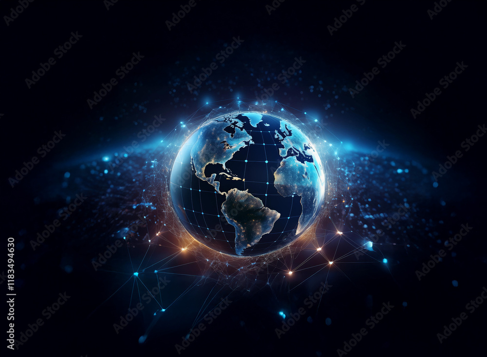 Obraz premium A glowing Earth, encircled by a cosmic web of light and energy, suggesting global connectivity and technological advancement. The image conveys a sense of wonder and the vastness of space.