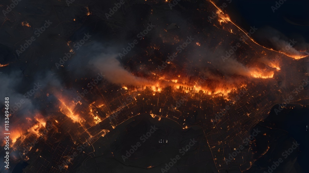 Nighttime satellite image of a wildfire in Los Angeles, with fiery hotspots glowing against the darkness, showing the vast scale of the disaster,Generative Ai
Nighttime satellite image of a wildfire in Los Angeles, with fiery hotspots glowing against the darkness, showing the vast scale of the disaster,Generative Ai