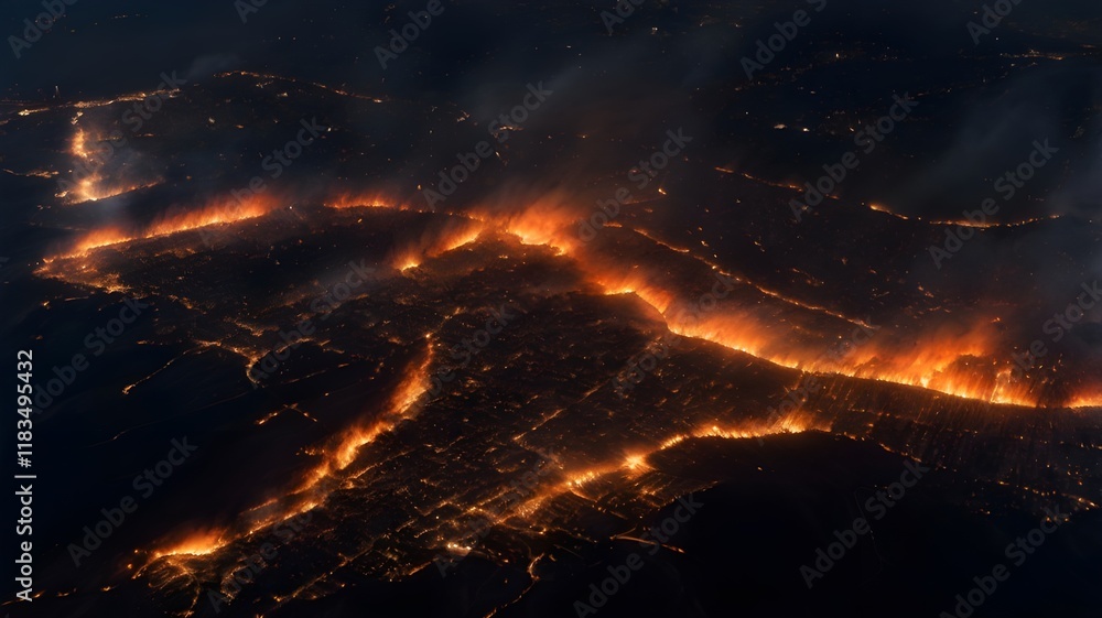 Nighttime satellite image of a wildfire in Los Angeles, with fiery hotspots glowing against the darkness, showing the vast scale of the disaster,Generative Ai
