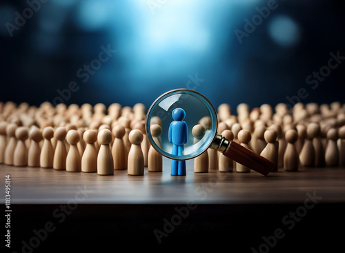 A blue figure stands out amongst many wooden figures, viewed through a magnifying glass, symbolizing talent acquisition and selection.