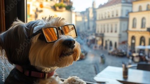 A schnauzer with stylish square glasses, sitting in a charming cafe on a cobbled street, with a view of historic buildings in the background.