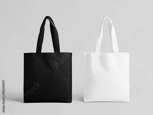 White and black tote bags mockup on a grey background.
