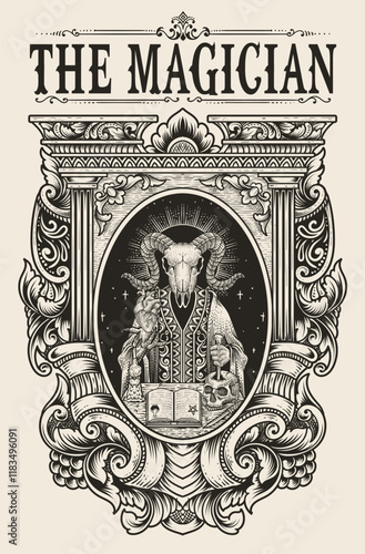 Illustration demon goat skull with engraving ornament frame hand drawn style - Vector illustration