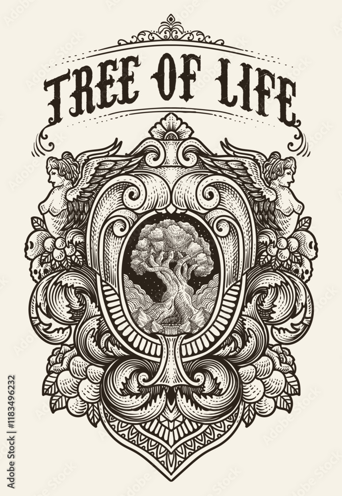 Fototapeta premium Illustration tree of life engraving ornament hand drawn style
