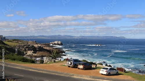 Coastal Road with Cars Overlooking the Ocean and Mountains, Hermanus, Cape Town, South Africa photo