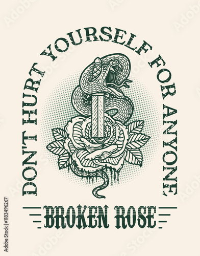 Illustration vintage snake rose with quotes