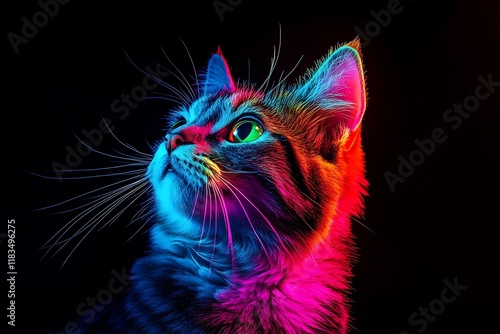 Vibrant Colorful Cat Portrait Against a Dark Background