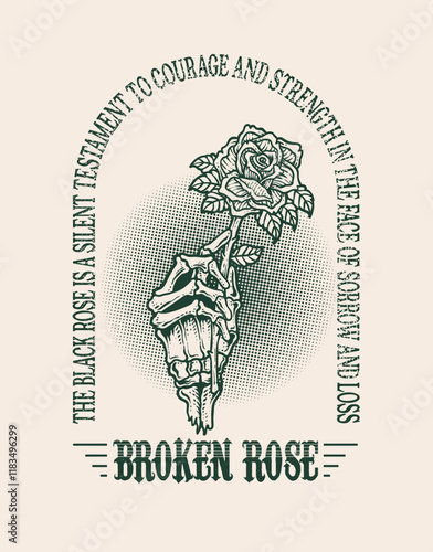 Illustration vintage skull hand holding black rose flower with quotes