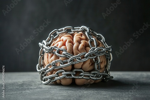 A brain wrapped in chains symbolizes mental constraints and the struggle for freedom, set against a dark background. photo