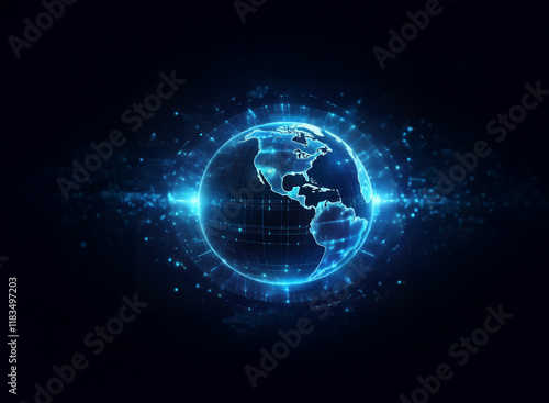 Wallpaper Mural A glowing blue digital globe, encircled by a ring of light, floats in a dark space.  Its surface subtly pulses with energy, suggesting global connectivity and technological advancement. Torontodigital.ca