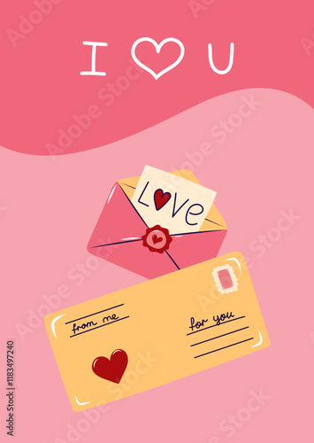 Valentine's Day Card with two envelopes and love note. Simple cute greeting card. Vector illustration.