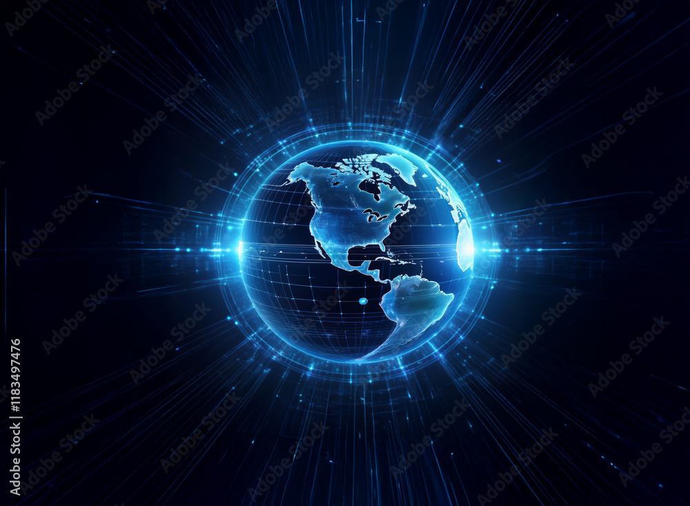Obraz premium A glowing blue digital Earth, encircled by radiating lines of light and data streams, symbolizes global connectivity and technological advancement.