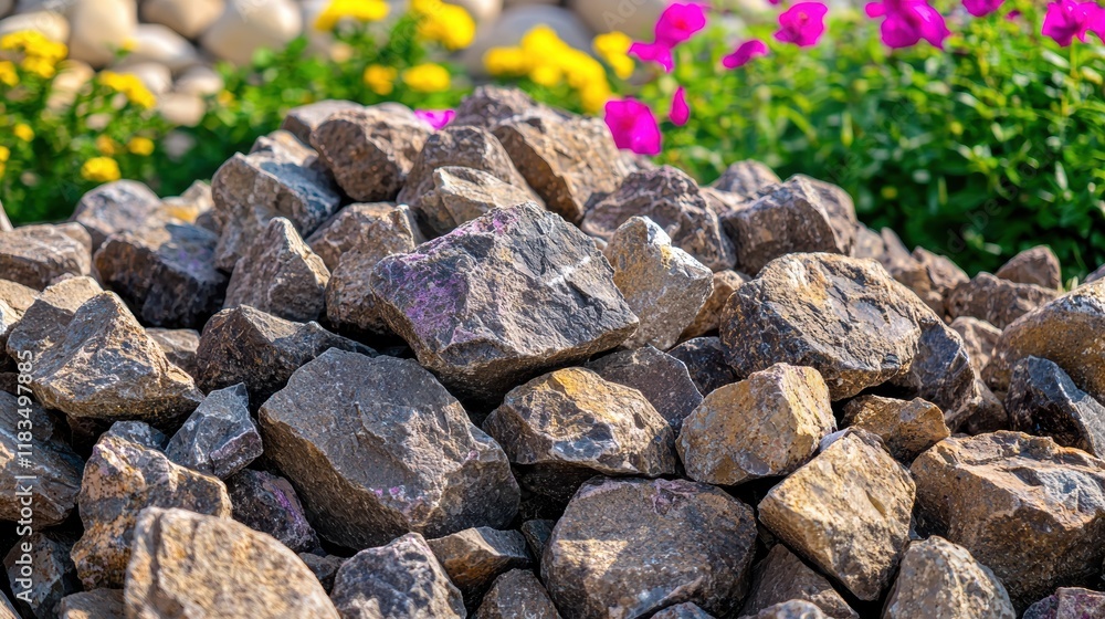 Rock pile surrounded by colorful flowers in a garden landscape outdoor close-up view nature's beauty Rock pile surrounded by colorful flowers in a garden landscape outdoor close-up view nature's beauty