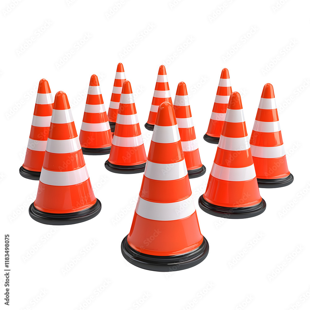 The photography of various orange and white striped traffic cones on a clean clear white background The photography of various orange and white striped traffic cones on a clean clear white background