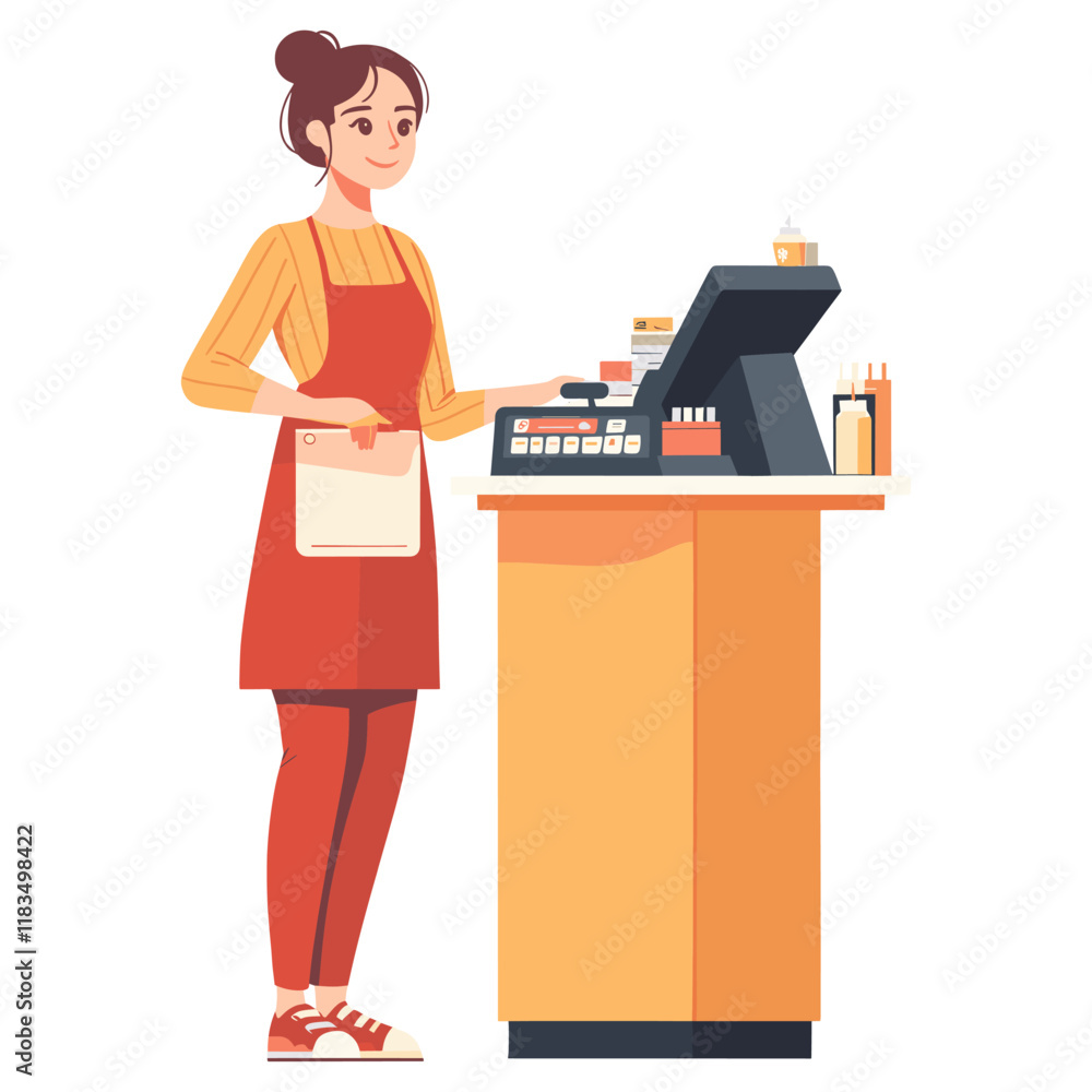 Woman cashier with apron register service counter vector Woman cashier with apron register service counter vector