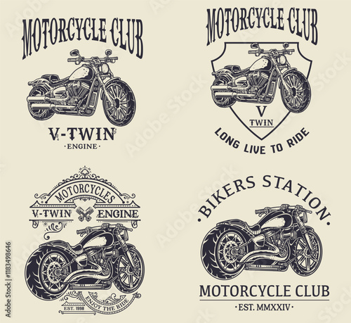 Set of 4 vintage motorcycle  emblems, labels, badges, logos, prints, templates. monochrome style