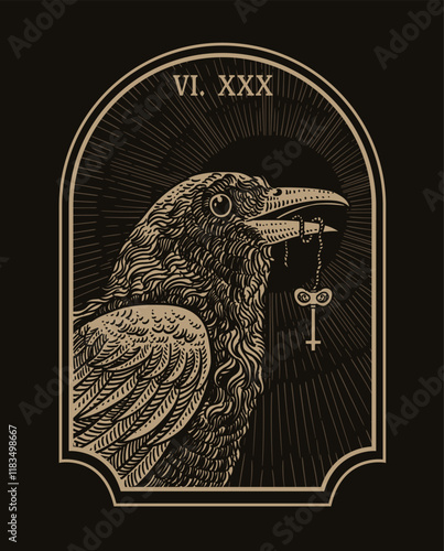 Illustration of gothic raven biting the key on black background