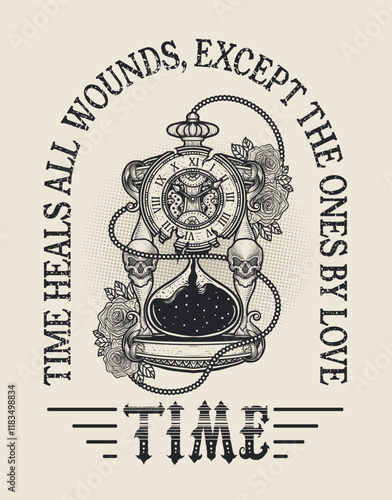 Illustration of vintage hourglass with rose. monochrome hand drawn - Vector design