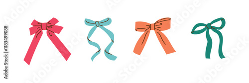 Vector Illustration of various girly vintage bow set. Bow for hair decoration flat. Ribbons isolated. Trendy girls accessories. Cute hairstyle elements collection