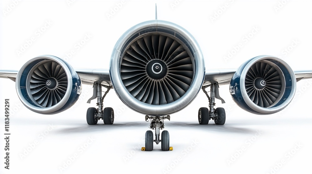 Close-up rear view of airplane engines and landing gear. Close-up rear view of airplane engines and landing gear.