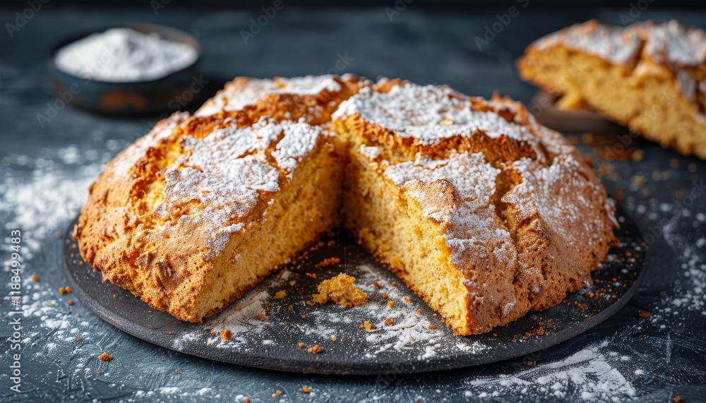 A freshly baked, golden-brown loaf of bread is sliced open and dusted with powdered sugar, ready to be enjoyed. A freshly baked, golden-brown loaf of bread is sliced open and dusted with powdered sugar, ready to be enjoyed.