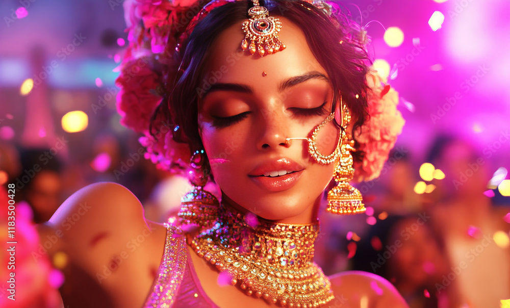 Indian Bride in Festive Celebration: A radiant Indian bride dances amidst a flurry of confetti and twinkling lights, her traditional jewelry and attire shimmering in the vibrant atmosphere. Indian Bride in Festive Celebration: A radiant Indian bride dances amidst a flurry of confetti and twinkling lights, her traditional jewelry and attire shimmering in the vibrant atmosphere.