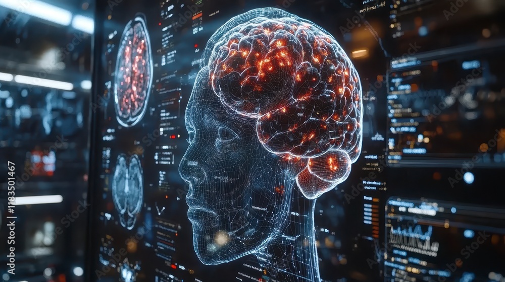 Futuristic Digital Brain Scan Neural Network AI Technology Human Head Data Visualization Futuristic Digital Brain Scan Neural Network AI Technology Human Head Data Visualization