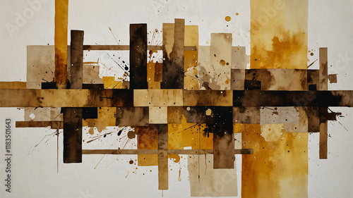 Abstract painting with rectangular shapes and splatters in shades of brown, beige, and yellow