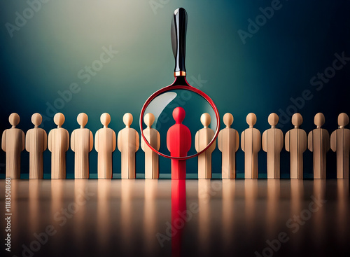 A red figure stands out among a row of identical wooden figures, magnified by a large magnifying glass, highlighting the concept of selection, difference, and individuality.