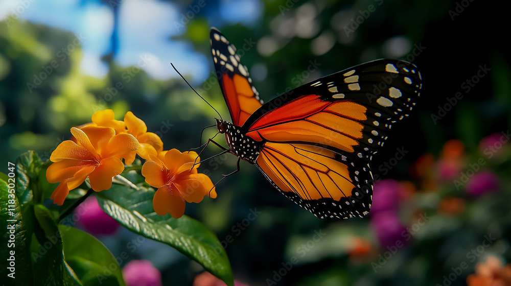 Butterfly Flying Over Tropical Flowers Butterfly Flying Over Tropical Flowers