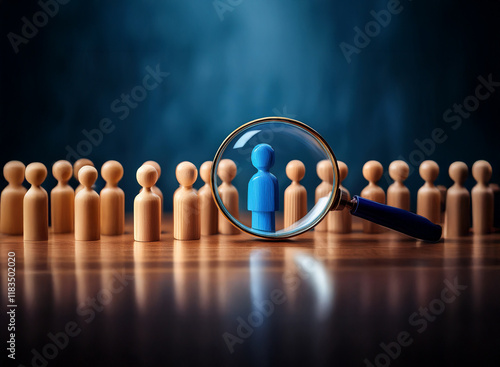 A magnifying glass focuses on a single blue figure among many identical wooden figures, highlighting the process of selection and individual recognition within a group. photo