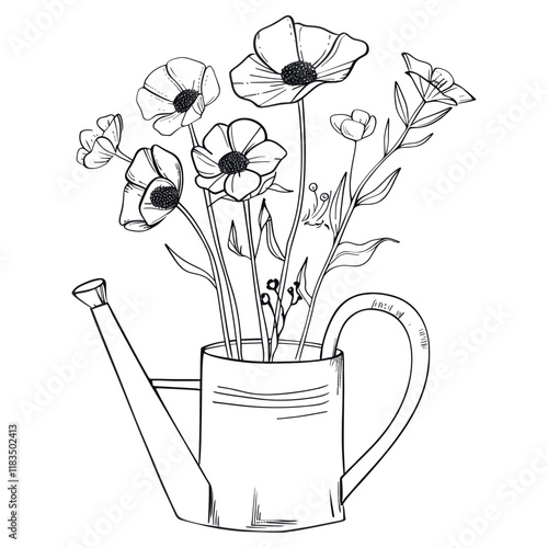 Flowers growing in an old watering can drawing sketch plants vector