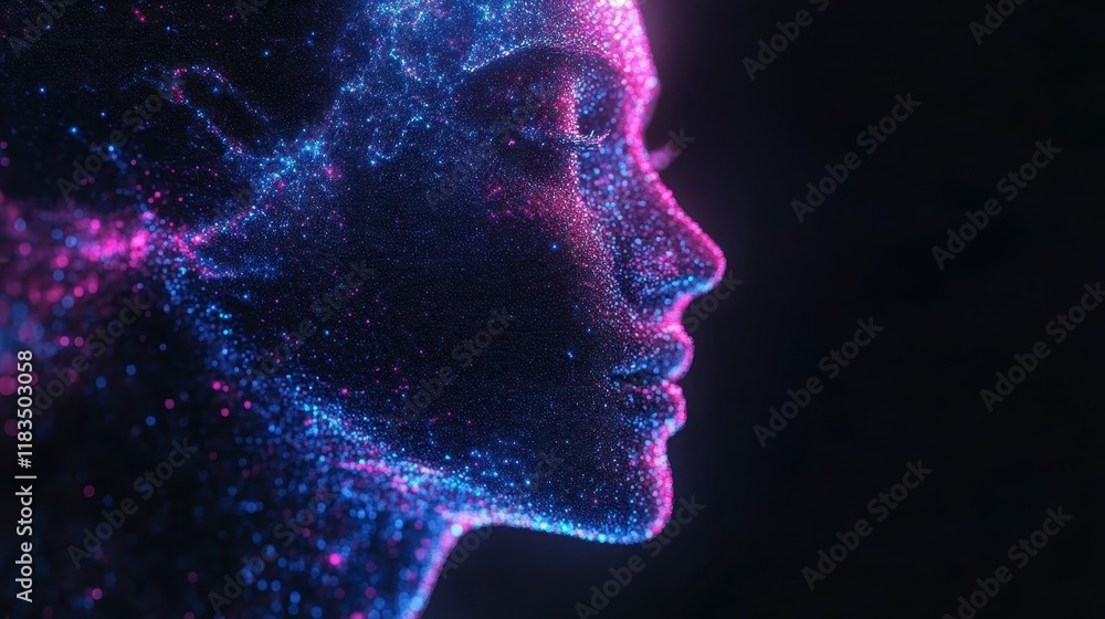 Abstract Digital Female Face Profile Neon Particle Art Glowing Futuristic Abstract Digital Female Face Profile Neon Particle Art Glowing Futuristic