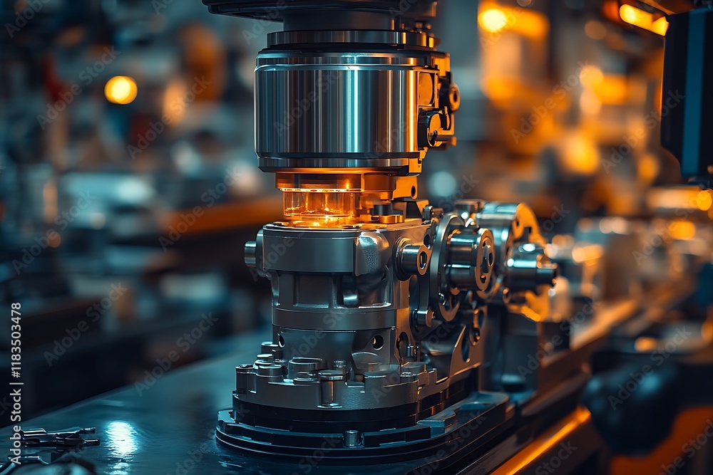 Close-up of an automated machine pressing a part in a modern factory setting, showcasing industrial precision and technology. Close-up of an automated machine pressing a part in a modern factory setting, showcasing industrial precision and technology.