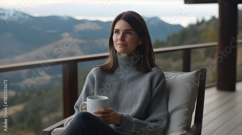 Contemplative woman enjoys coffee on scenic deck mountain view outdoor lifestyle relaxation