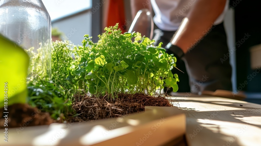 Vibrant Young Herb Plants Growing in Sunny Indoor Setting Vibrant Young Herb Plants Growing in Sunny Indoor Setting