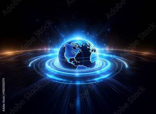 A glowing blue Earth, encircled by vibrant rings of light, floats in a dark, cosmic space, radiating energy and power.  The image suggests technological advancement and global connection. photo