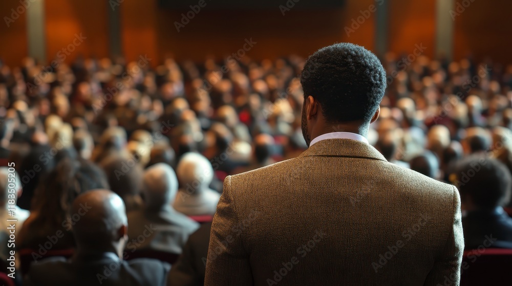 Businessman Speaker Addressing Diverse Audience at Conference Large Crowd Back View Businessman Speaker Addressing Diverse Audience at Conference Large Crowd Back View