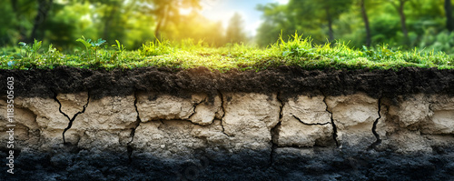 Soil Layers Illustration:  Green Grass, Earth Cross Section