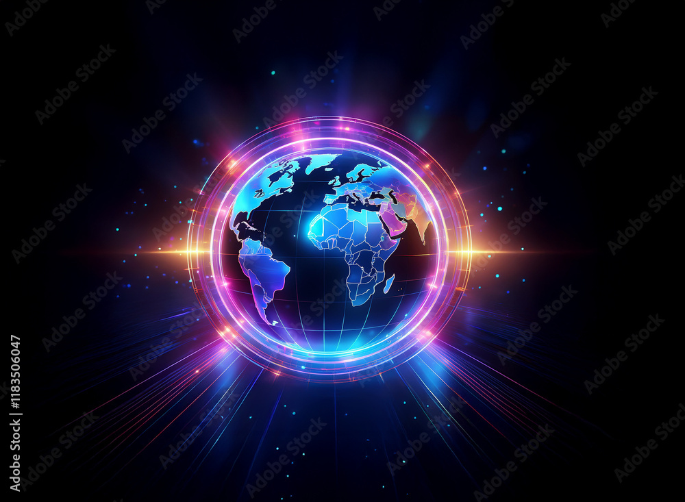 Obraz premium A vibrant, glowing orb representing Earth, encircled by rings of radiant light and energy bursts, set against a deep black backdrop. The image evokes feelings of cosmic energy and global connectivity