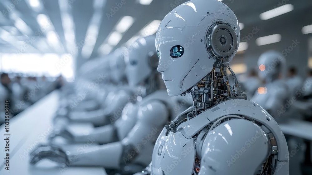 Fototapeta premium Futuristic White Robots Working Together in a Modern Factory Setting